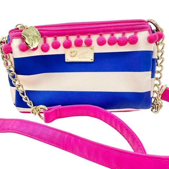 Betsey Johnson Luv Betsey Crossbody Bag Blue White Stripe Pink Strap Pom Accents - Picture 2 of 10